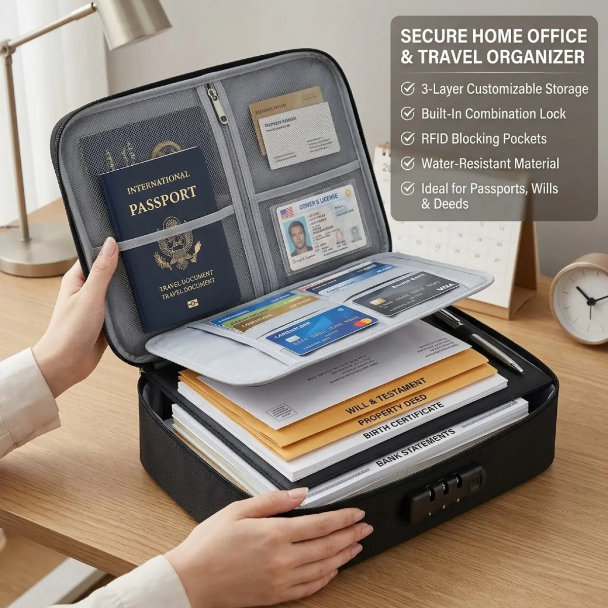 Nexapick Modern Fireproof Document Organizer Bag - PVC & Artificial Leather, Lock Hole, Multi-Layer Waterproof Design, Zipper Compartments, Travel Organization Pouch, Airplane Travel Accessories for Home Use, Waterproof Pouch, Zipper Pouches