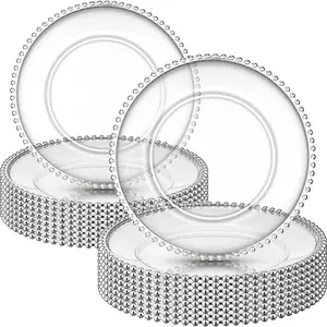 Silver Color Clear Charger Plates with Beaded Rim, 13 Inch Plastic Round, Bulk for Dinner, Home Kitchen, Wedding Party Tabletop