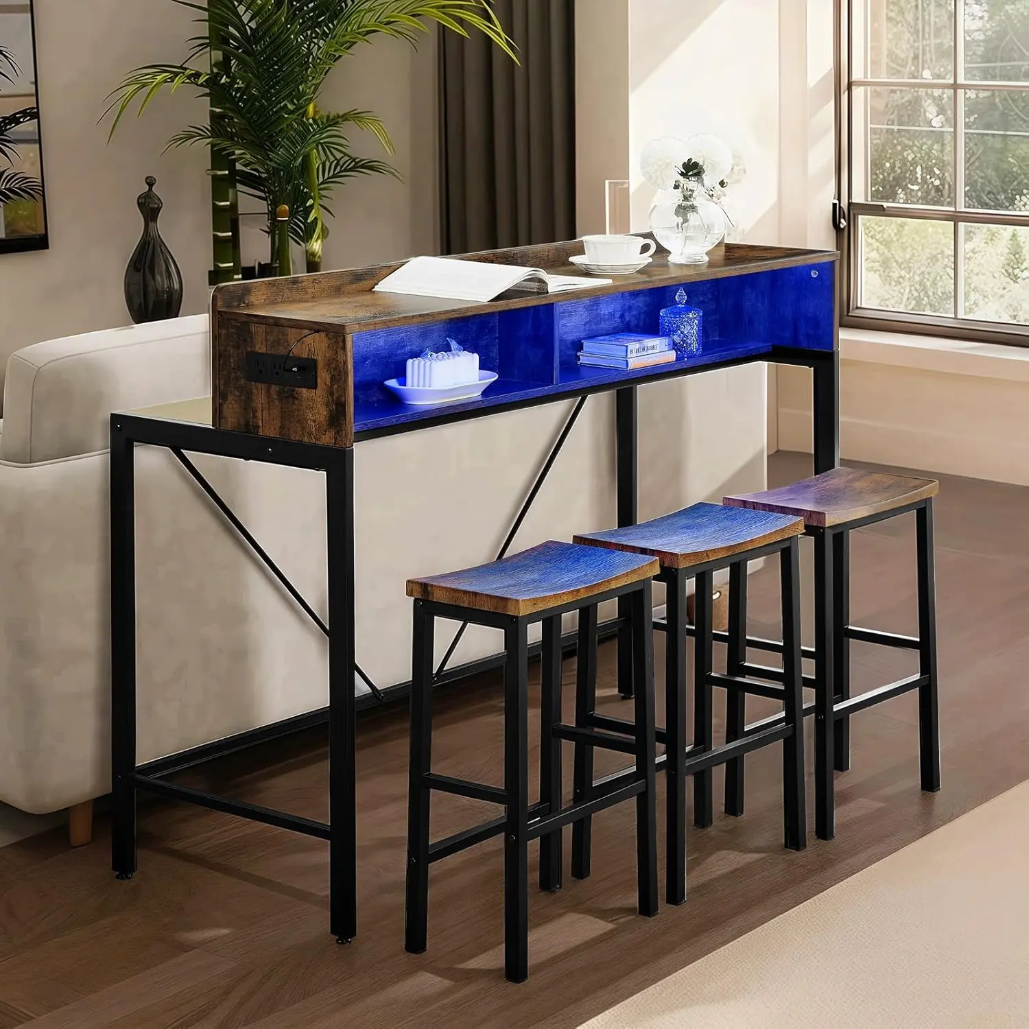 Industrial Stable LED Lights Bar Table Set - 59" Brown Wood Top, Black Metal Frame, 3 Saddle Stools, Power Outlets, Storage Shelves, 77 lbs, Ideal for Dining & Living Rooms