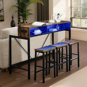 Modern Bar Height Table Set with LED Light, Brown Wood, Black Metal Frame, 59" Console Table, 3 Saddle Stools, Power Outlets, Storage Shelves,Suitable for Dining Room/Living Room/Kitchen（Brown）