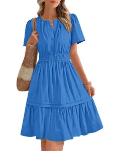 BTFBM Women's Casual V Neck Dresses 2025 Summer Spring Short Sleeve Sundress Smocked Waist A Line Tiered Mini Dress