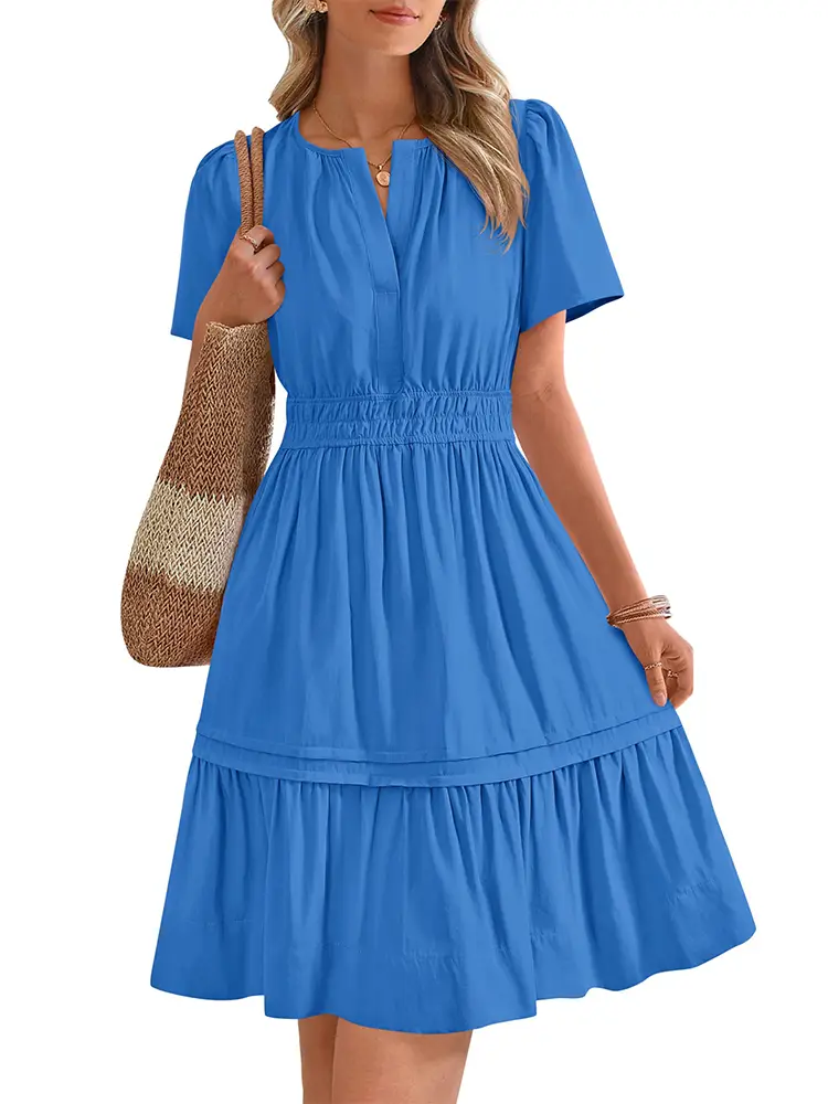 BTFBM Women's Casual V Neck Dresses 2025 Summer Spring Short Sleeve Sundress Smocked Waist A Line Tiered Mini Dress