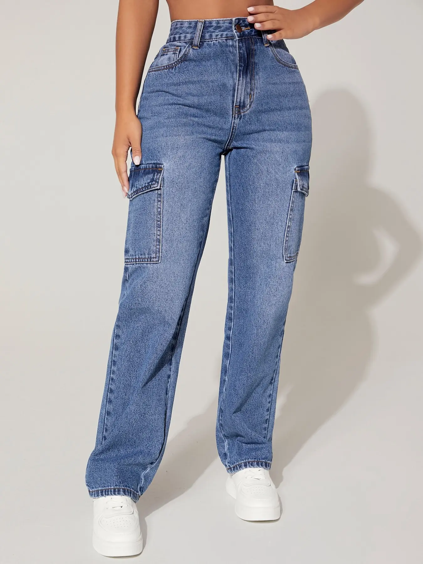 Women's Petite High Waist Cargo Denim Jeans, High Rise Jean, Womenswear, for Lady, Multi-Pocket Wide Leg Straight Pants, Comfortable Fit, Fashion Design, All Seasons Wear, Fitted, Fashion Jean Bottoms, Trouser