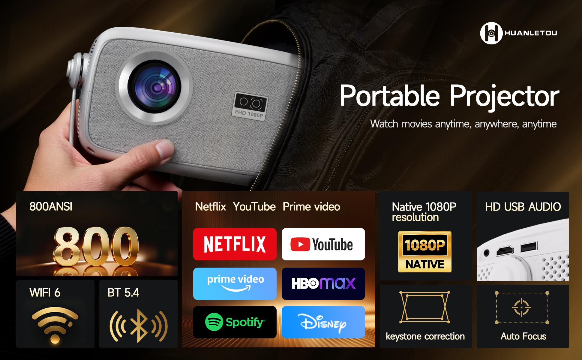 [US Warehouse]2026 X4 projector: 800 ANSI rumens, Android 11.0, dual Wi-Fi 6. Your portable home theater! 4K decoding , autofocus 180° rotation, bringing 150-inch fun, built-in speaker, free screen mirroring, in the home theater!