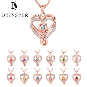 DRINSPER Elegant Birthstone Heart Necklace, Sparkly Rose Gold Heart Necklace, Trendy Necklace Fashion Matching Jewelry Accessories, Artificial Cubic Zirconia Decor, Cute Birthday Gift for Mom for Girlfriend for Women