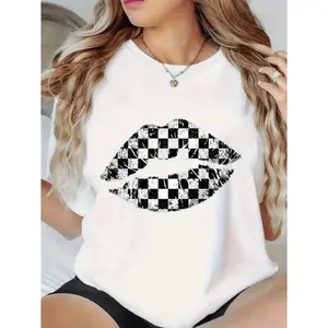 Casual Loose Fit Short Sleeve T Shirt Featuring Geometric Lip Print Checkered and Argyle Patterns 100 Percent Cotton Round Neck Top for Spring and Summer Style Soft Texture