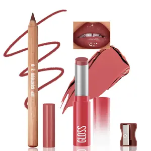 2PCS Lip Liner & Lipstick Combo Set Waterproof Long Lasting Matte Lipliner Pencil Hydrating Lip Gloss Makeup Kit for Women Silky Smooth Texture Full Coverage