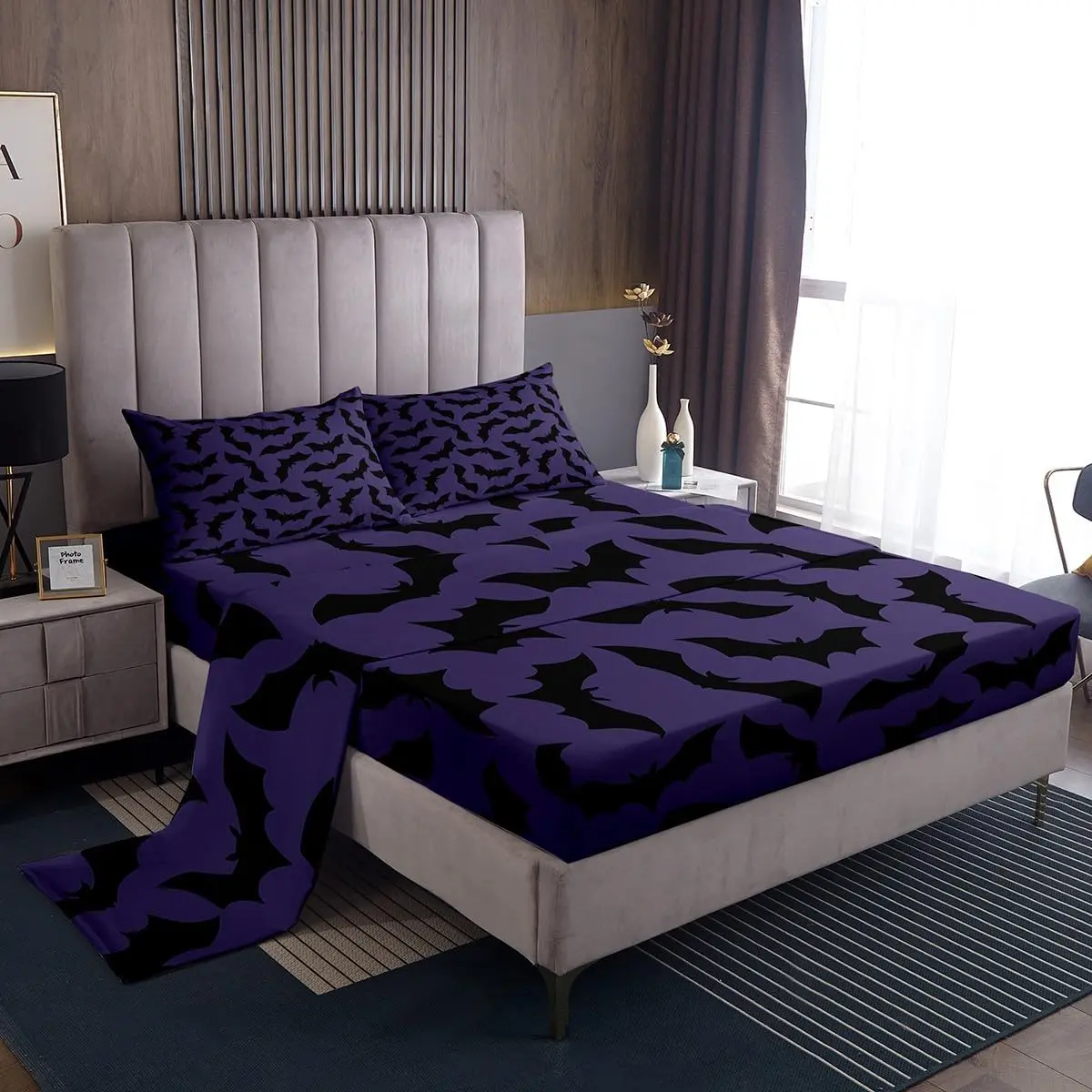 Feelyou Halloween Bat Microfiber Bed Sheet Set - Soft Breathable Complete Bed Set with Deep Pocket Fitted Sheet, Purple Trick or Treat Bedding for Room Decor, Bedsheet Sets
