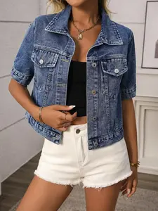 Y2K Style Short Sleeve Denim Jacket Coats for Women, Single Button Denim Top, Summer Casual Outerwear, Trendy and Comfortable Design