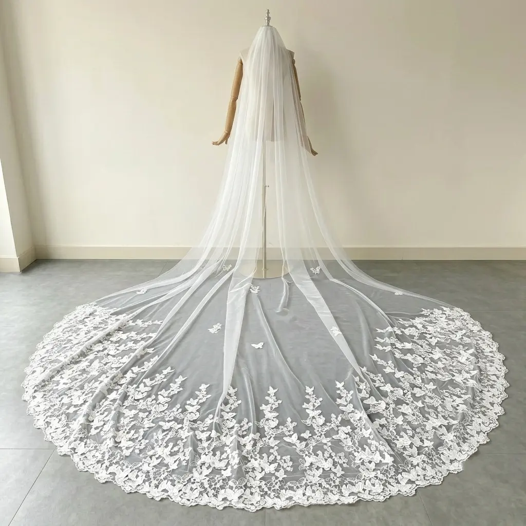 Intricately embroidered white butterfly veil,heavy embroidered white veil with butterfly and flower motif,romantic lace-edged wedding veil