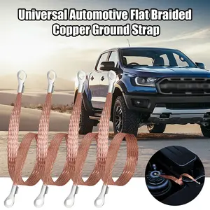 4Pcs Universal Automotive Flat Braided Copper Ground Strap,12" x 1/2" Professional Engine Grounding Cable Straps with Terminal Plugs,Vehicle Ground Strap,Tinned Copper Grounding Strap Wire for Cars