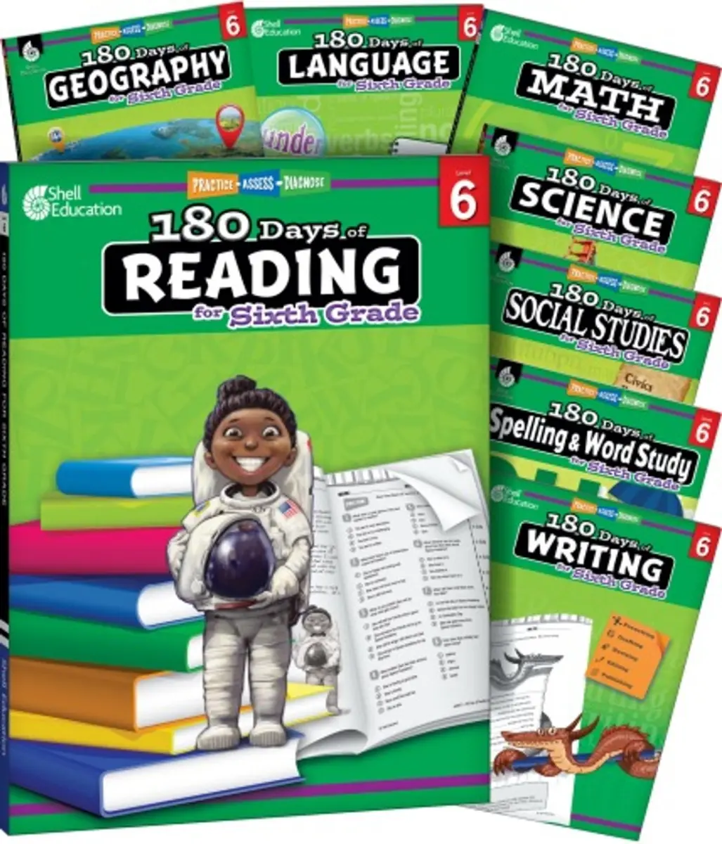 Shell Education 127939 Grade 6 180 Days Bundle - 8-Piece Self-Guided Textbooks for Homeschool Curriculum, Classroom Social Studies & Geography Activities