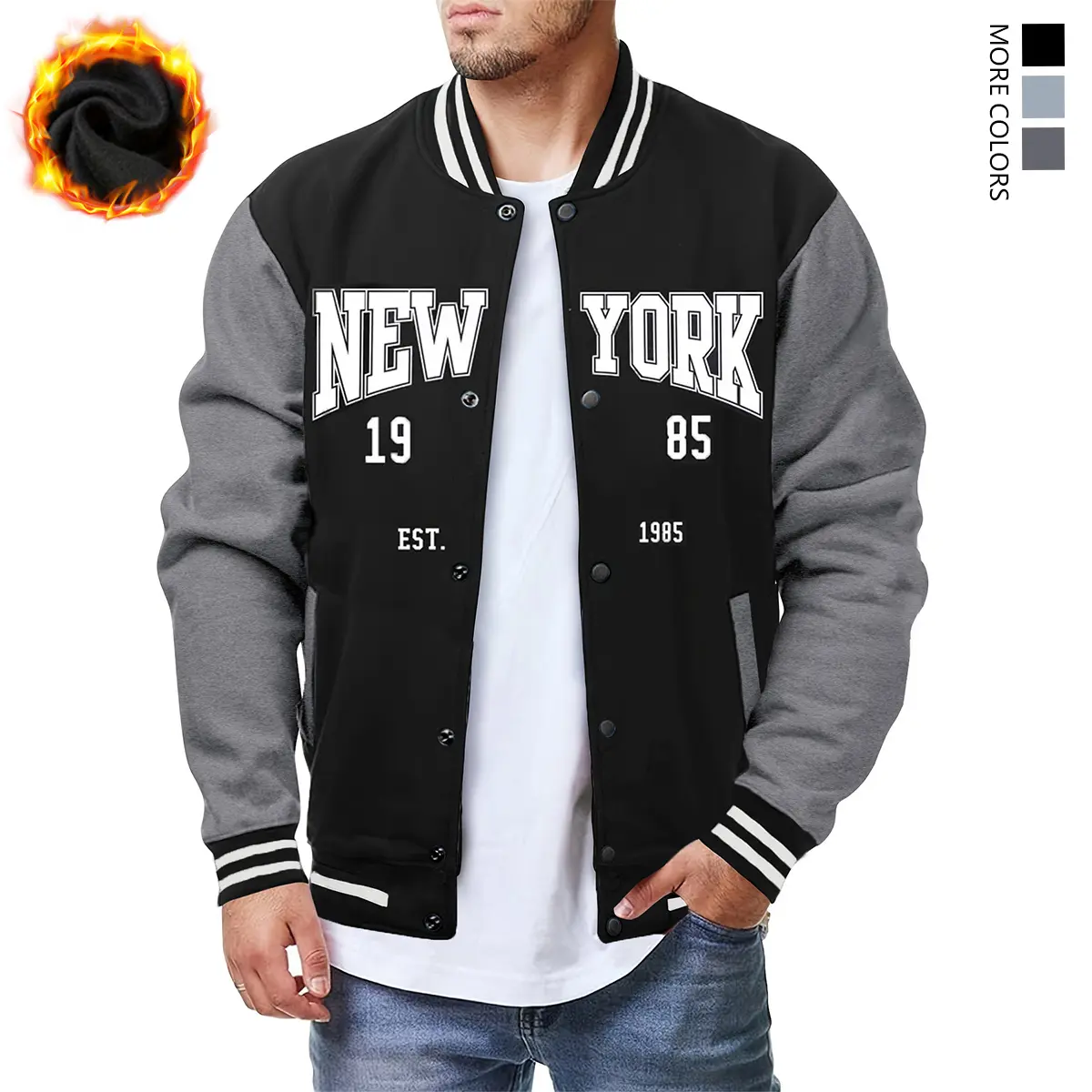 Men's New York Letterman Jacket – Warm Fleece Lined Varsity Baseball Jacket – Vintage Color Block Bomber Coat with Contrast Sleeves for Autumn & Winter