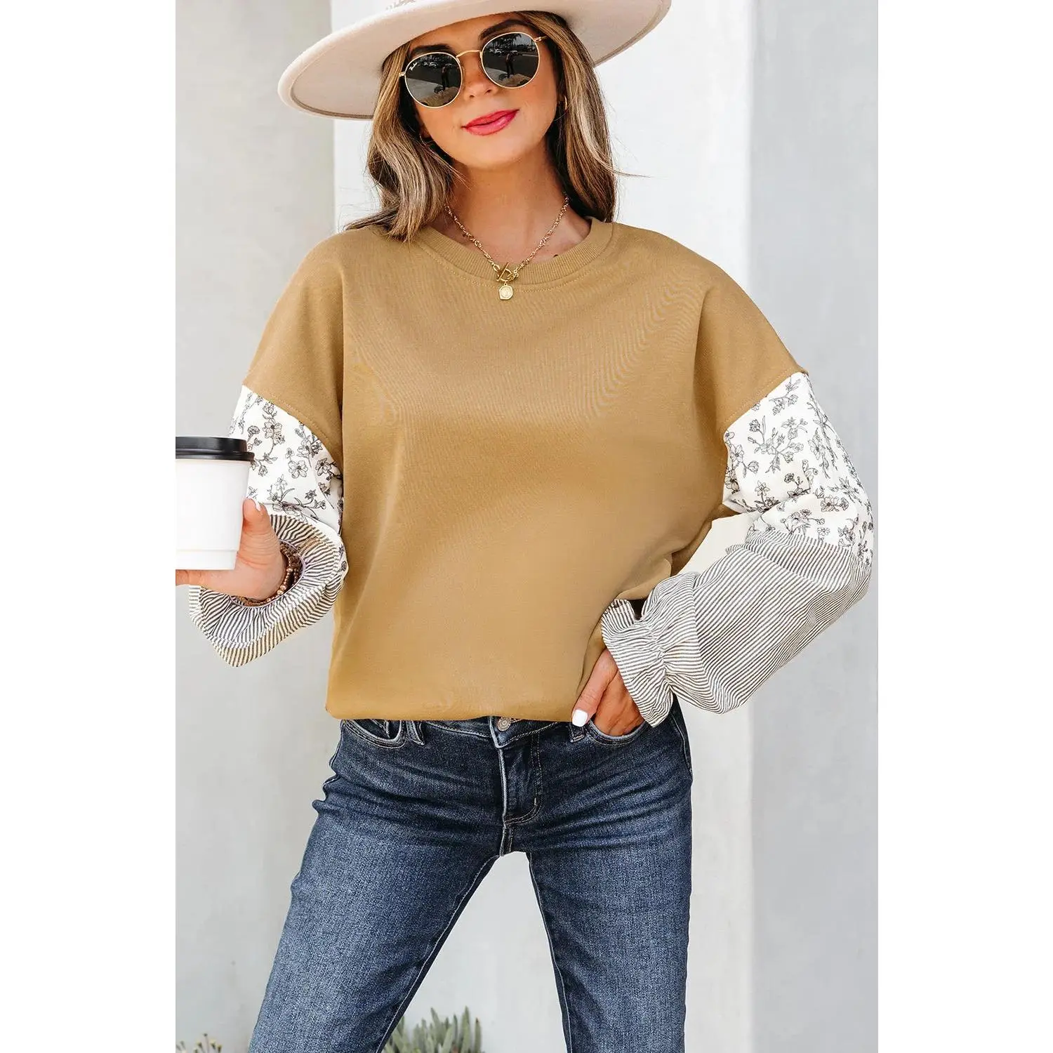 PATCHWORK RUFFLED SLEEVE SWEATSHIRT