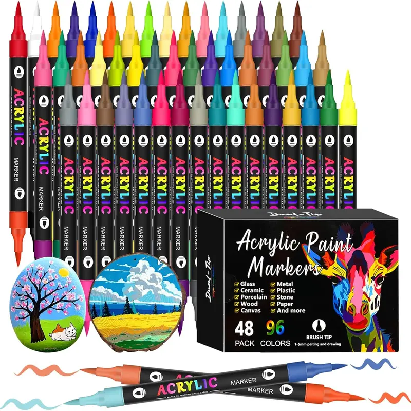 Dual-Tipped Acrylic Marker Pen & Brush Paint Pens Markers Set (24/72/96-Color Options), Multi-Surface for Rock Art, Ceramic, DIY Creative Projects, Gift-Ready for Art Enthusiasts