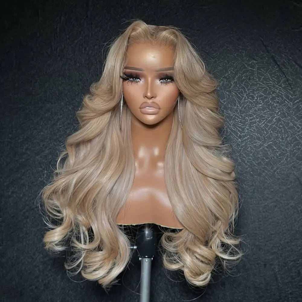 200% Density Ash Blonde Milk Tea Human Hair Lace Front Wig Body Wave 13X6 HD Transparent Lace Frontal Wig Glueless With Band Beginer Friendly Ombre Blonde Human Hair Wigs Pre Plucked Natural Hairline With Baby Hair