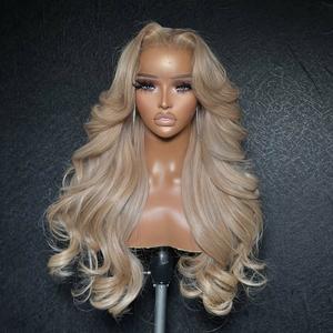 200% Density Ash Blonde Milk Tea Human Hair Lace Front Wig Body Wave 13X6 HD Transparent Lace Frontal Wig Glueless With Band Beginer Friendly Ombre Blonde Human Hair Wigs Pre Plucked Natural Hairline With Baby Hair
