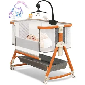 3-in-1 baby bedside bassinet sleeper with musical toy, adjustable height wheels, storage basket, 4-sided mesh crib for newborns aged 0–6 months (Gray)