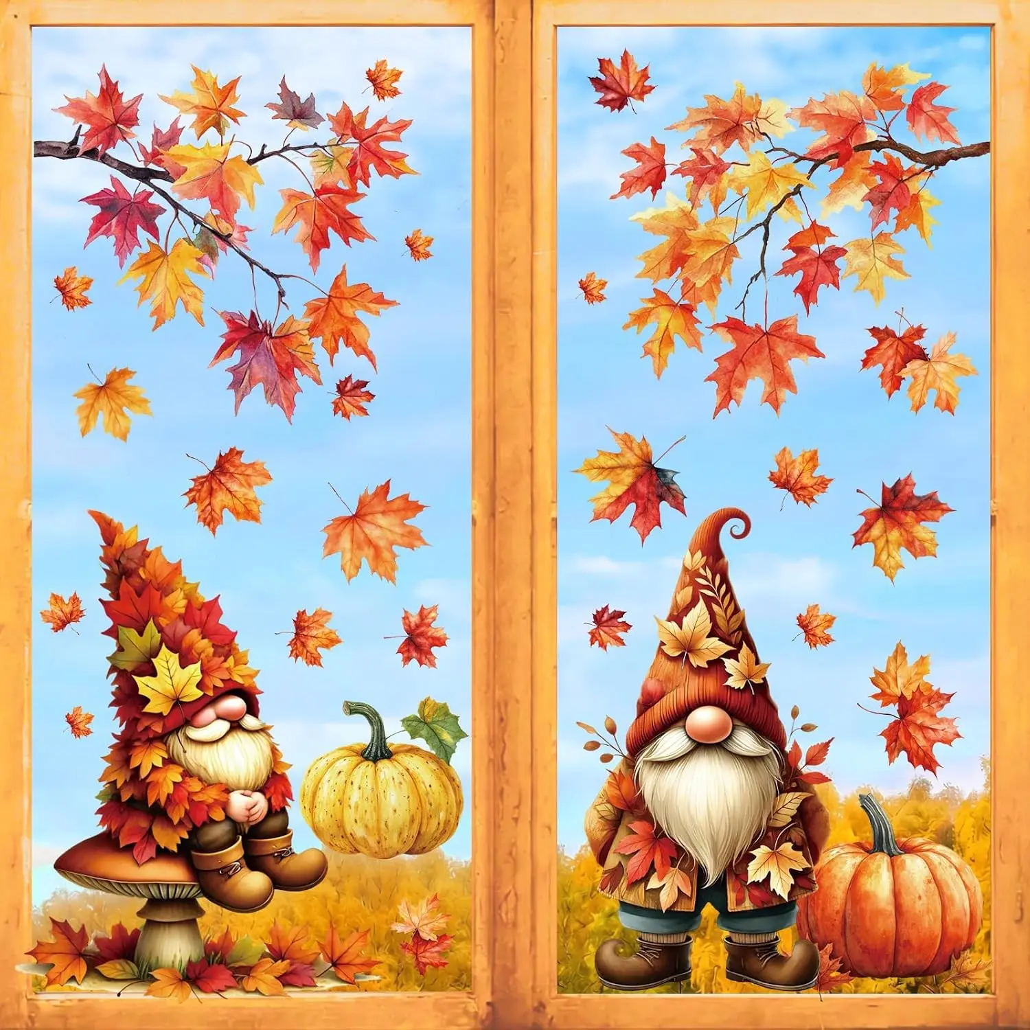 9 Sheets Fall Gnomes Autumn Thanksgiving Window Clings Leaf Pumpkin Window Decals for Glass Windows Home Office Classroom Indoor Party Holiday Decorations