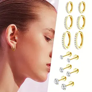 Pack of 6 Stainless Steel Earrings,Flat Back Studs for Women Men - Small Hoop Cartilage Piercing Set with Multiple Holes