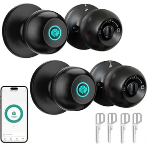 2 Pack Fingerprint Door Lock, Biometric with App Control & Key, Smart Door Knob for Bedroom, Entry Door, Keyless Finger Print Door Knob with Thumb Print Black