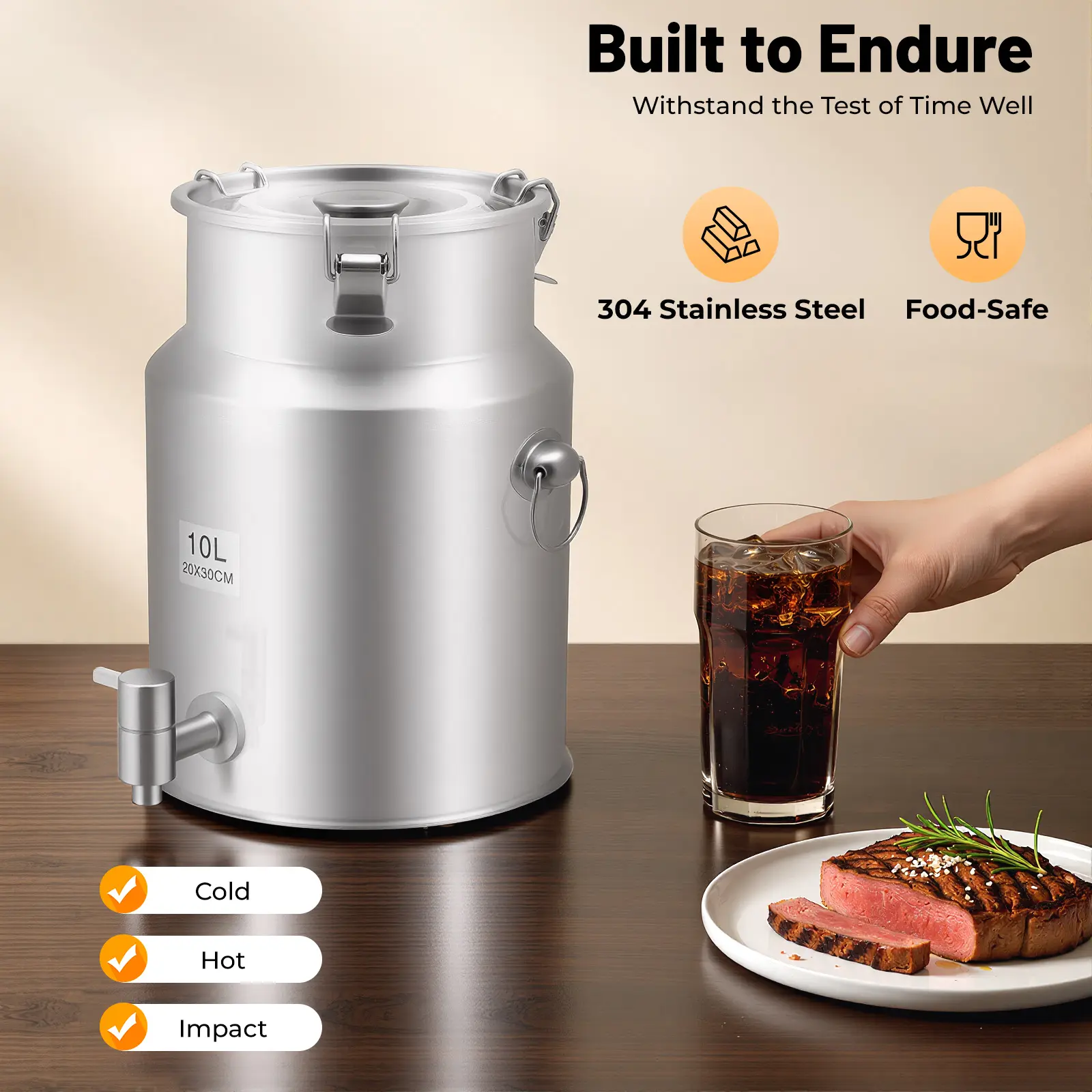 304 Stainless Steel Beverage Dispenser Silver 7.87x11.81In 2.64Gal Leak Proof Easy Clean Portable with Spigot for Home Party Kitchen Storage Lovers Home Cooks