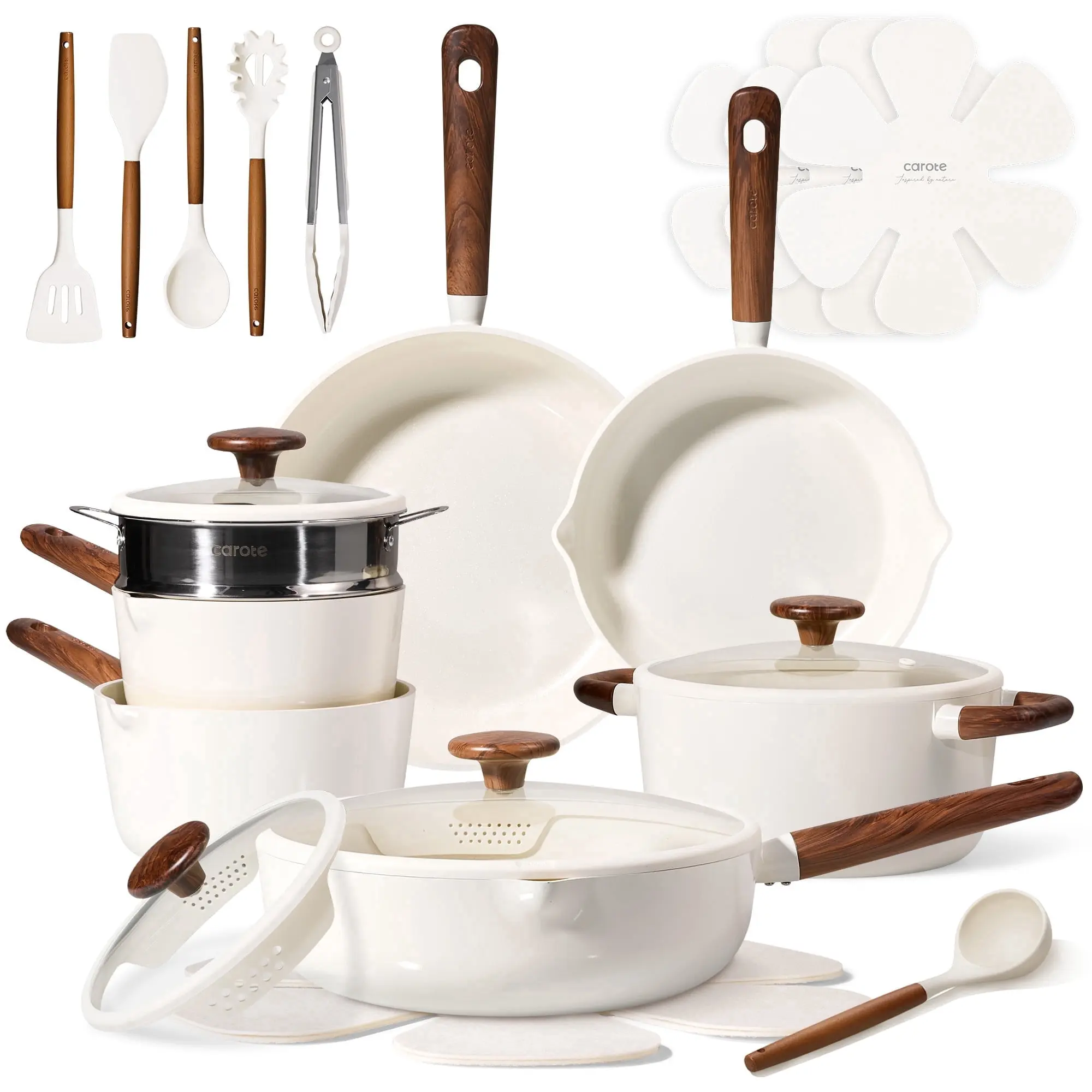 Carote 22-Piece Pots and Pans Set, Ceramic Nonstick Cookware Set with Steamer,Induction Compatible, White