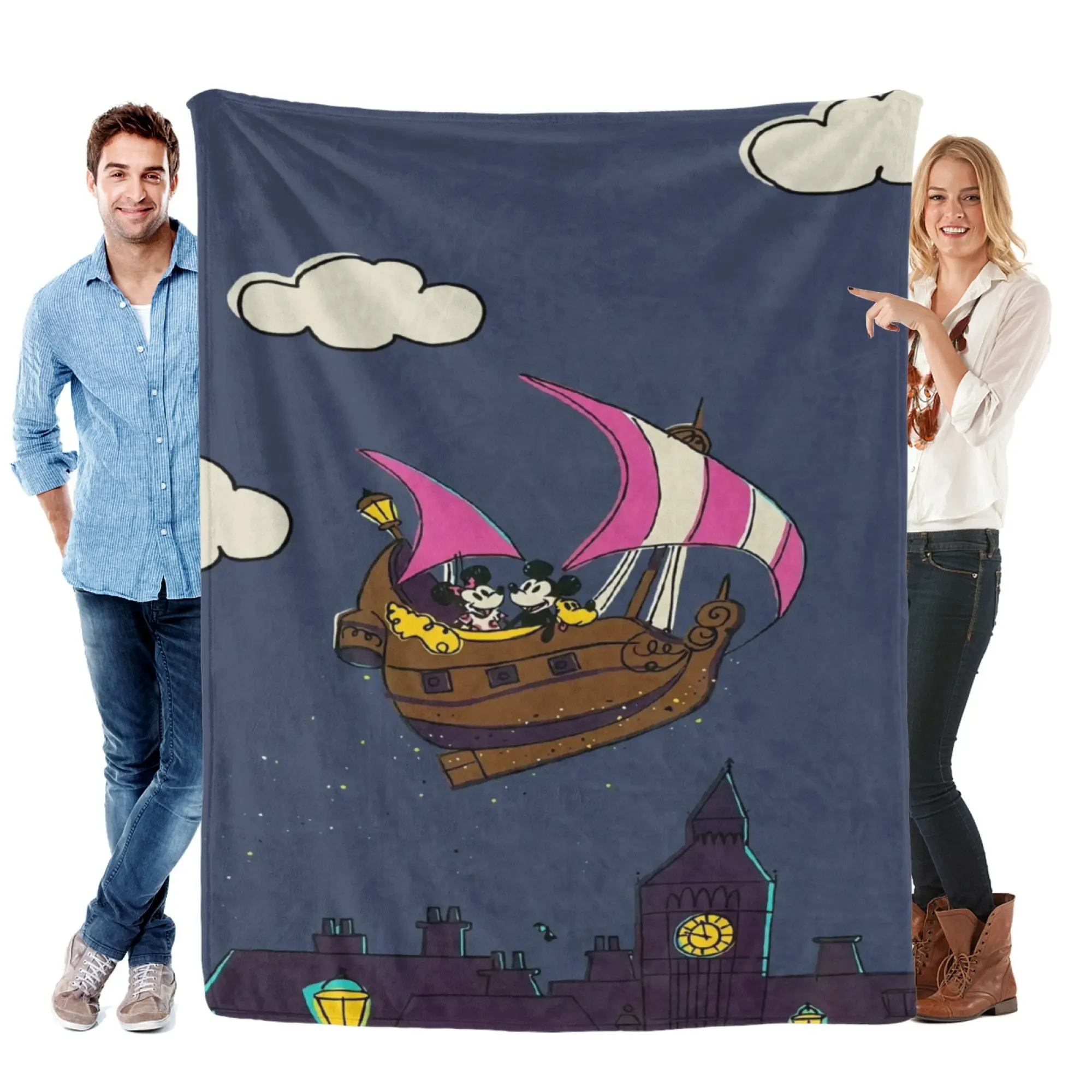 [SummerVibes] DISNEY CLASSIC Mickey & Minnie Magical Flight Flannel Blanket, Soft 2D Cartoon Print Throw for Home, Couch, Kids Bed & Office Nap