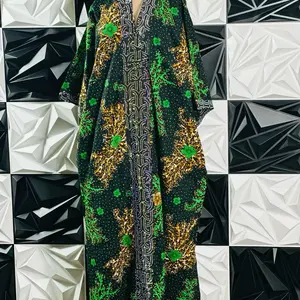 Ankara Bubu Green and Gold Embroidered Maxi Dress for Women