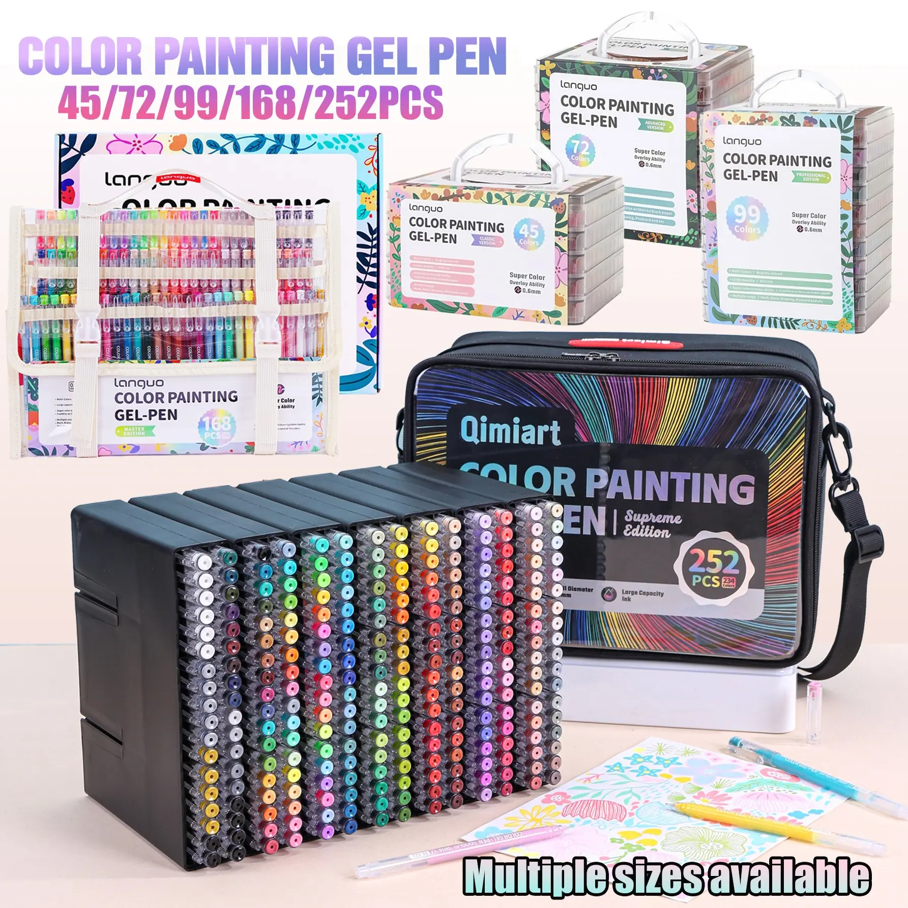 Languo Colorful Gel Pen Set, 45/99/168/252 Pieces, High Pigment Ink, Smooth Flow, Art Drawing, Journaling, Illustration, Art Materials, Portable Case, Artist Supplies