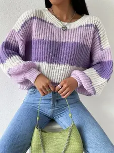 Women's Colorblock Bishop Sleeve Round Neck Sweater Without Necklace, Casual Long Sleeve Jumper for Fall & Winter, Tops, Women's Knitwear for Daily Wear