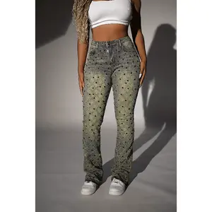 Sareka Tinted Dark Wash Rhinestone Stacked Flare Jean