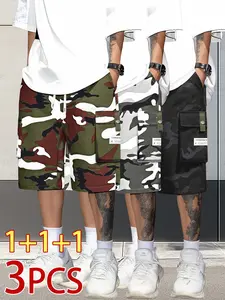 Men’s Summer Camouflage Cargo Shorts, 3-Pack – Loose Straight-Leg Bermuda Shorts with Multiple Pockets, Trendy Street Style Casual Athletic Shorts, Breathable and Durable
