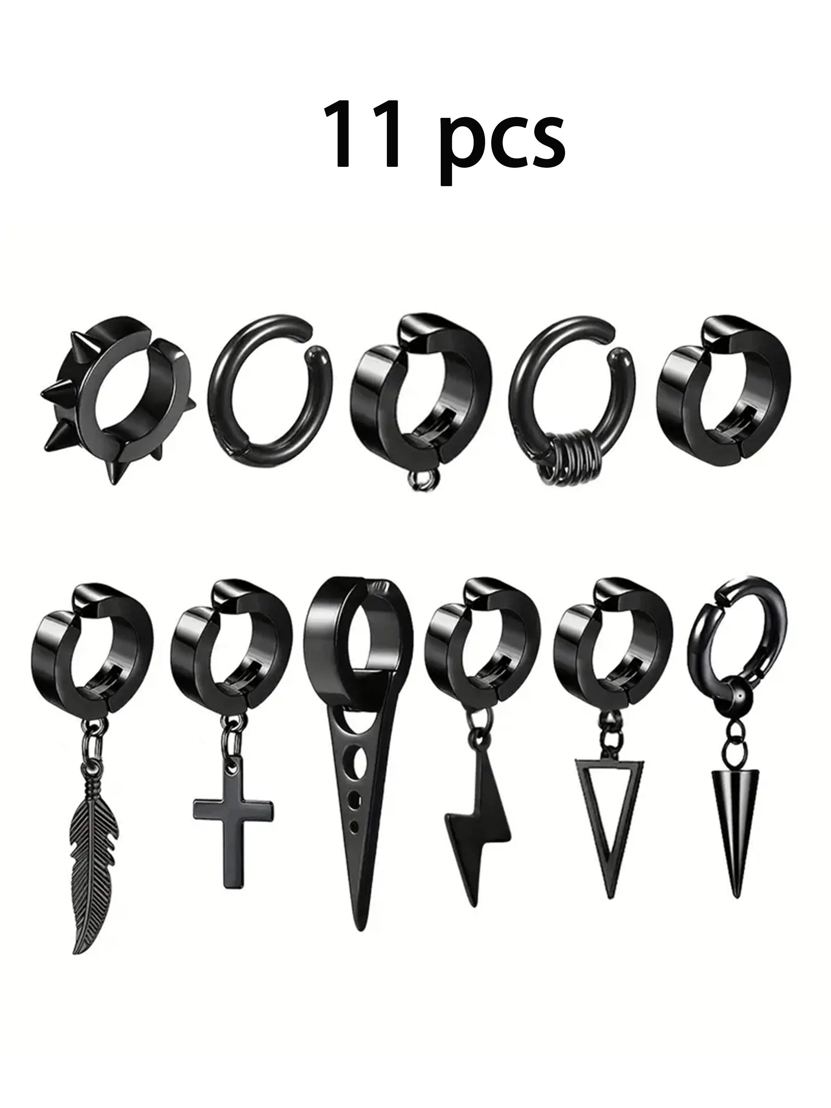 11-Piece Punk Hip-Hop Hoop Earrings Set, Rivet Ear Cuffs Non Piercing, Feather Dangle, Stainless Steel, No Piercing, Men's Jewelry, Stainless Steel Hoops, Fashionable Jewelry Accessories, Earring Pack