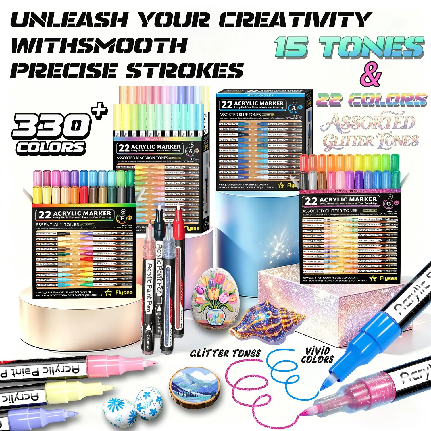 Flysea Acrylic Paint Markers, 22-Piece Set, 0.7mm Fine Tip, Quick-Drying, Non-Discoloring, Ideal for Stone, Wood, Metal, Glass, Canvas, Art Supplies