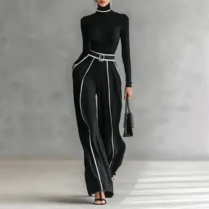Autumn Striped Print Patchwork Woman Overalls Elegant High Neck Slim Top Pullover & Wide Leg Trousers Suit Winter Outfit Suit