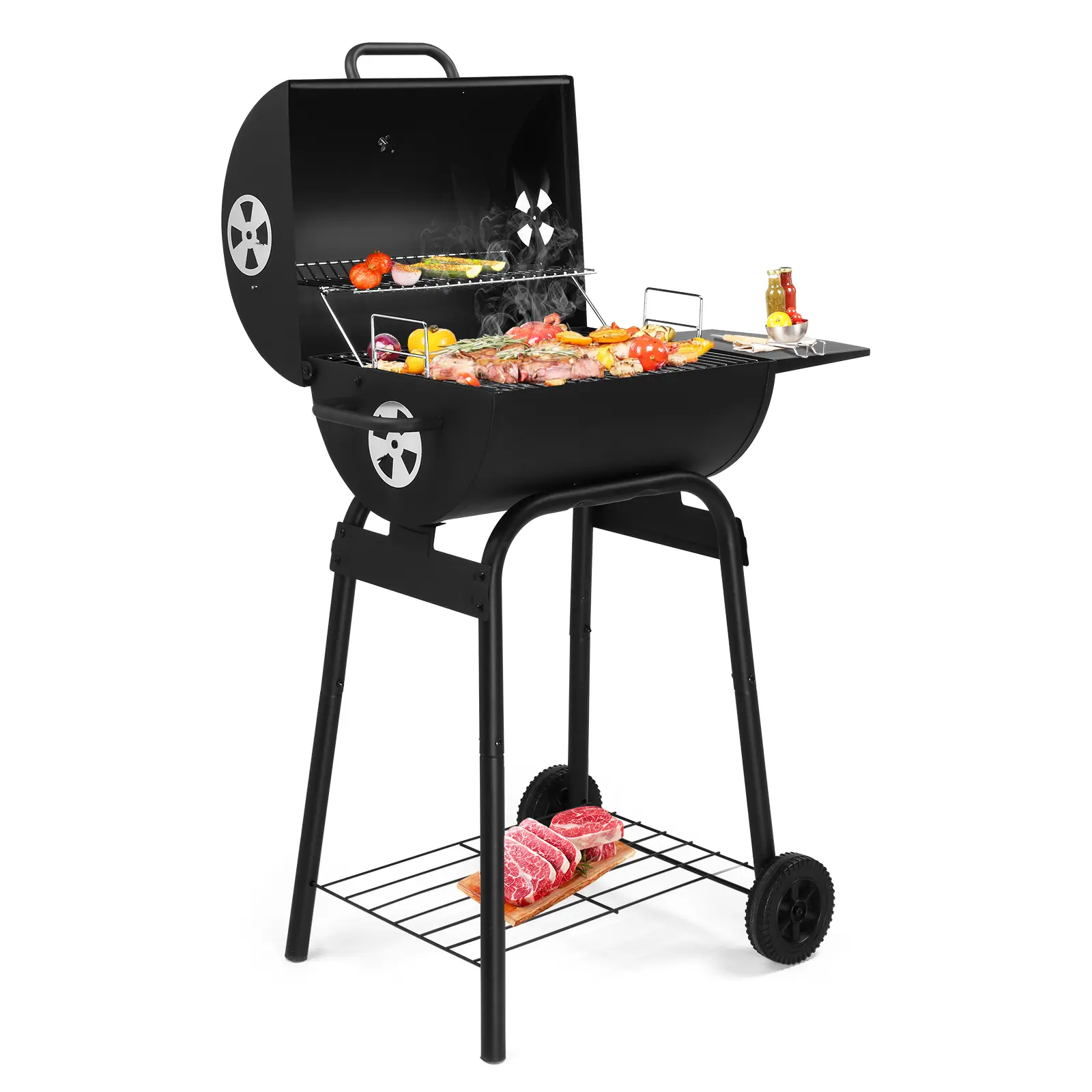 Outdoor Barrel Charcoal BBQ Grill With Side Table & Rolling Wheels, Built-In Thermometer Charcoal Smoker Grill With Adjustable Charcoal Tray, Portable Outdoor Barbecue Cooker For Backyard, Patio, Camping, Picnic And Family Parties