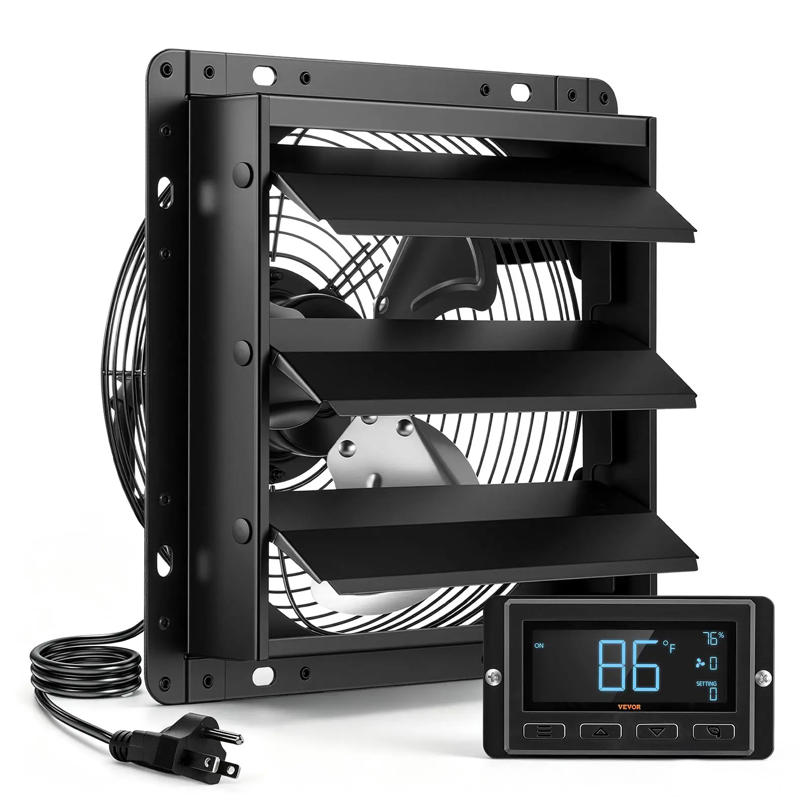 VEVOR 10-Inch Wall-Mounted Shutter Exhaust Ventilation Fan, EC Motor, Steel Housing, Automatic Louvers, Temperature & Humidity Controller, Black for Attic, Garage#BackToSchool