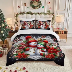 Christmas Theme Bedding Set, 3-Piece Snowman Pattern, Polyester Fiber, Fitted Sheet and Two Pillowcases, Universal Size