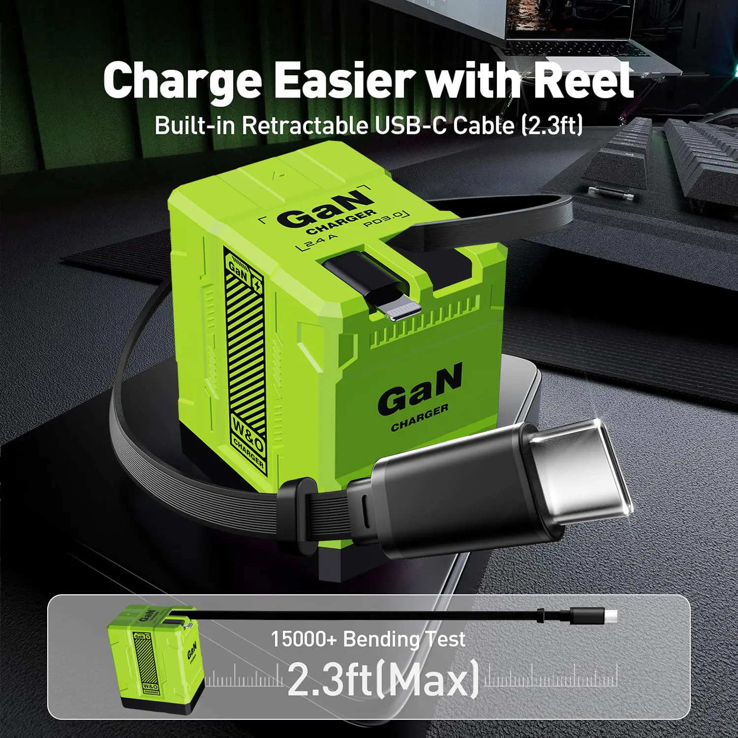 W&O 2-in-1 GaN Charger Retractable USB-C Cable & Universal Foldable Plug for iPhone Tablet Tech Gift