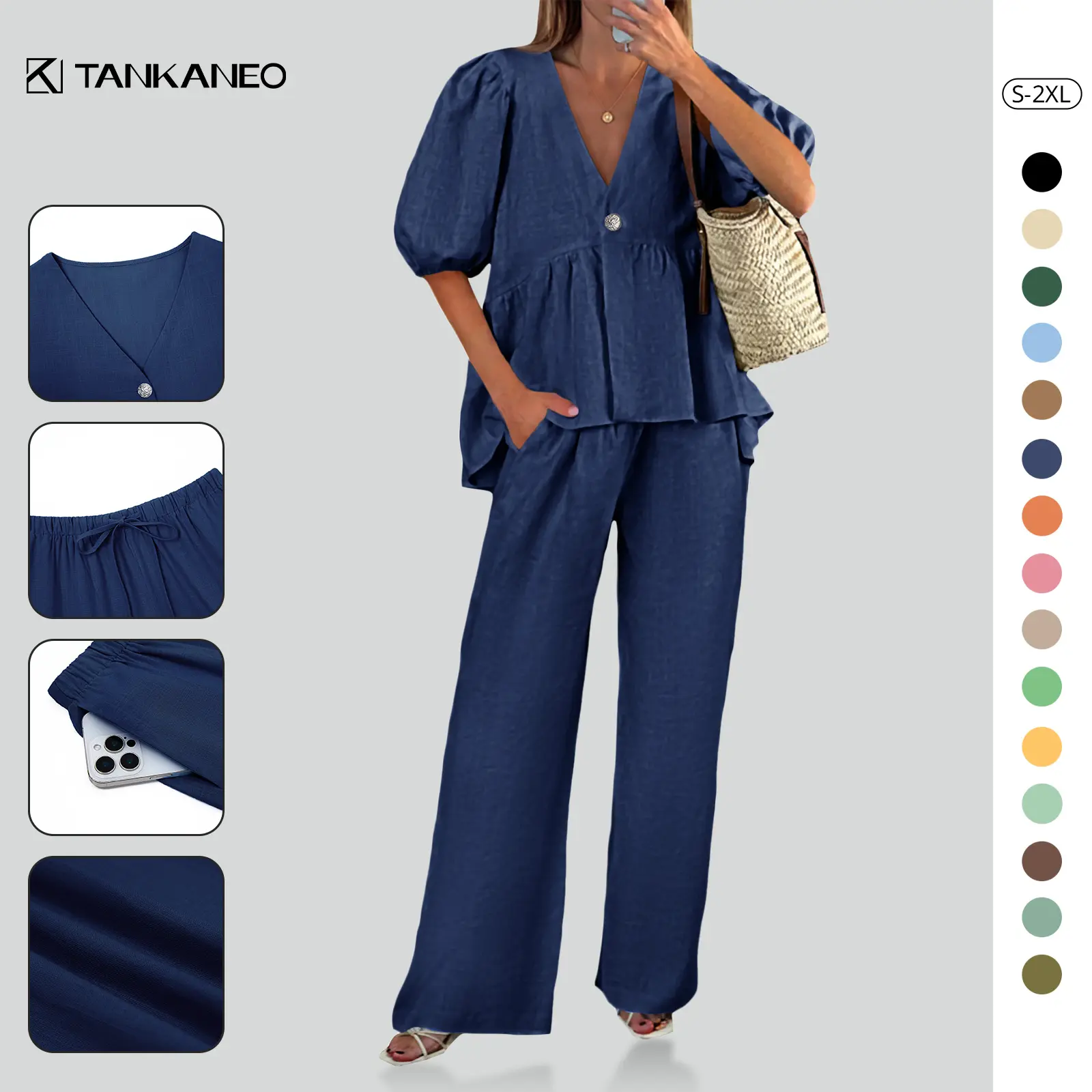 Tankaneo Womens 2 Piece Linen Sets Summer Vacation Outfits V Neck Puff Sleeve Babydoll Tops Wide Leg Pants Matching Sets