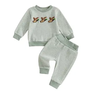 Toddler Baby Boy Hunting Clothes Mallard Duck Embroidery Waffles Sweatshirt Pullover Tops Jogger Pants Fall Winter Outfit