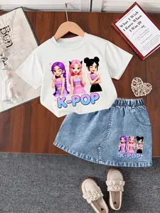 Girls' Korean Style 2-Piece Set: Tee + Denim Mini Skirt, Cartoon Print, High Saturation Colors, Elastic Waist, Comfortable Fit