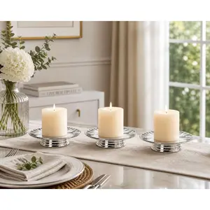 ADAVAS.Y&G Ceramic Silver Candle Plate Set, 3-Piece – Decorative Candle Holder Tray for Pillar Candles, Jewelry, Trinkets or Bathroom Counter – Elegant Silver Finish for Tabletop & Home Décor