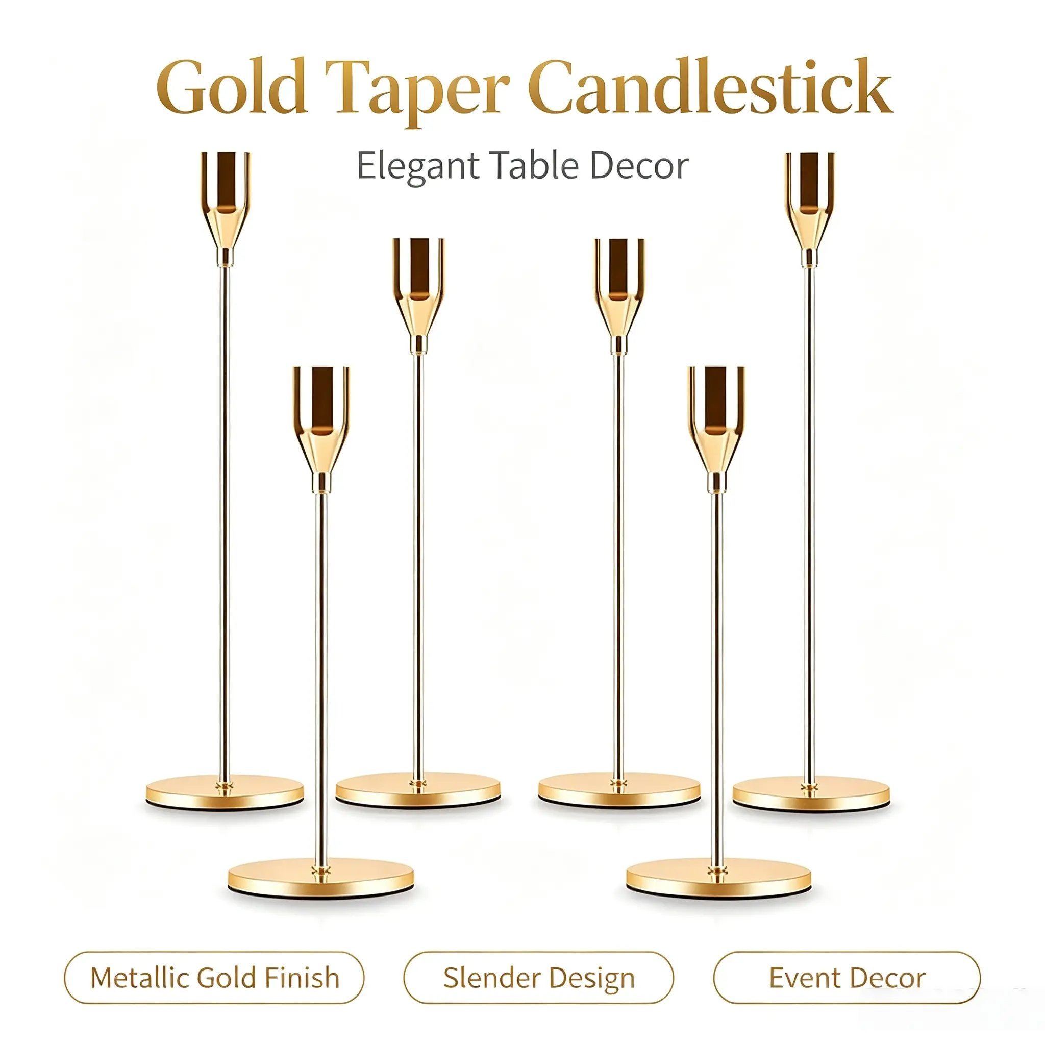6-Pcs Gold Plated Tapered Metal Candle Holder Set - Detachable Conical Shape, Vintage Glamour Decorative Candelabra, Home Decor Supplies for Wedding Reception, Birthday Centerpieces