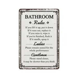 8x12 Inch Aluminum Metal Sign - Bathroom Rules Ladies & Gentlemen - Funny Retro Bathroom Wall Decor for Home, Apartment, Restroom, Office, Bar, Pub, and Farmhouse - Humorous Toilet Art Plaque for Gag Gifts & Housewarming Presents
