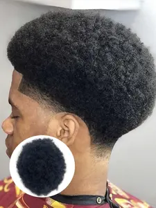 Afro Curly Toupee Men's Hair Systems, Biological Scalp Remy Hair V-looped PU Base Men‘s Wigs Fluffy and Bouncy Hairpiece Breathable Puff Hair System Glueless Afro Wig(5*7/6*8/8*10 Inch, Black)