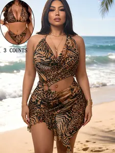 Women's Plus Size Sexy Halter Tie Triangle Bikini Set with Cover-Up, Casual Slim-Fitting Swimsuit for Beach Pool, Tie Swimwear