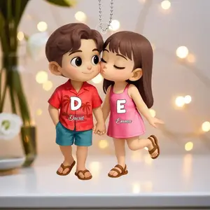 Personalized Cute Couple Acrylic Keychain, Custom Cartoon Couple with Initials and Names, Sweet Love Keepsake, Anniversary Valentine Gift