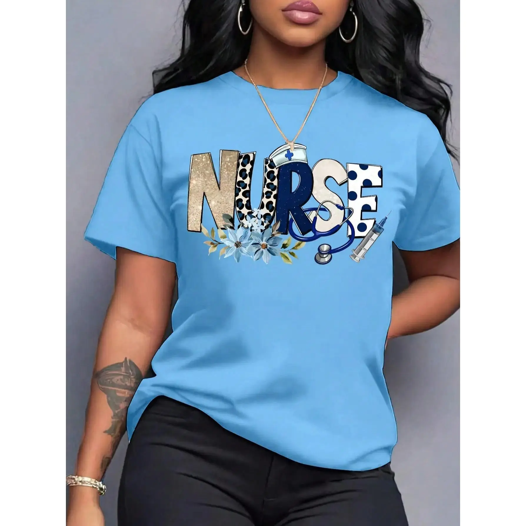 Women's Cute Nurse Print Short-Sleeve T-Shirt - 100% Cotton Soft Fabric, Casual Round Neck Fit Top for Nurses Day, Shortsleeve, Regular, Casual Crewneck Tops, Party, Chic, Halloween, Regular Fit, Machine Wash, Tshirt, T Shirts For Women, Festival, Thanksg